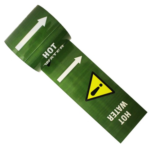 HOT WATER (Arrow and Warning Symbol) - Colour Printed Pipe Identification (ID) Tape