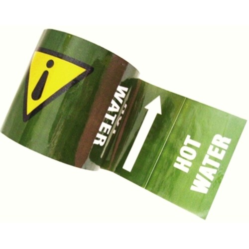 HOT WATER With Warning Triangle and Arrows - Colour Printed Pipe Identification (ID) Tape