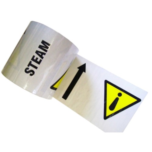 STEAM With Warning Triangle &amp; Arrows - Colour Printed Pipe Identification (ID) Tape
